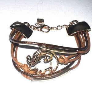 Elephant Charm Bracelet Gold Tone Brown‎ Cord Multi Strand Boho Chic
